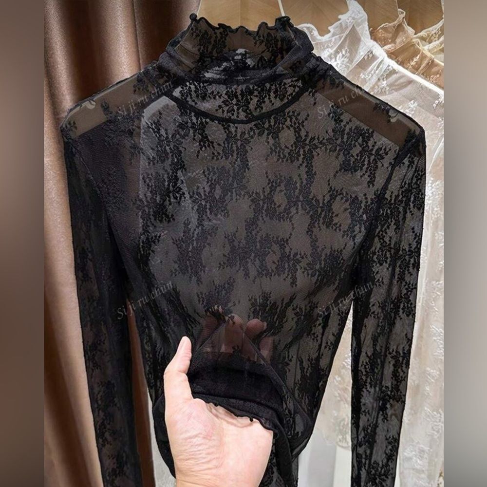 Black Lace Sheer Long Sleeve Top